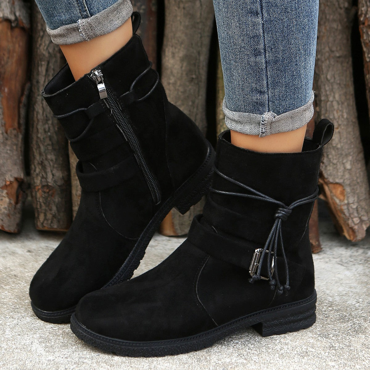 Suede Side Zip Round Toe Boots - Laazaar