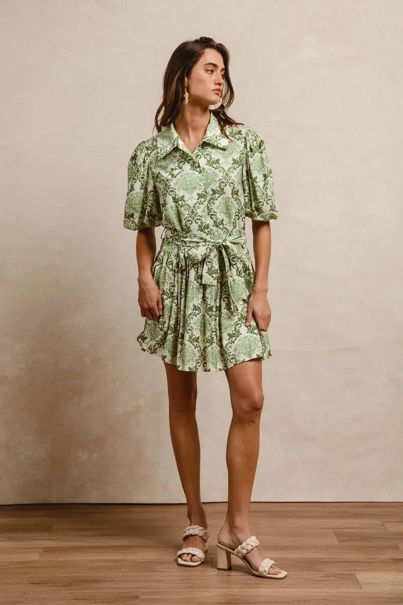 BiBi Tied Floral Short Sleeve Mini Shirt Dress