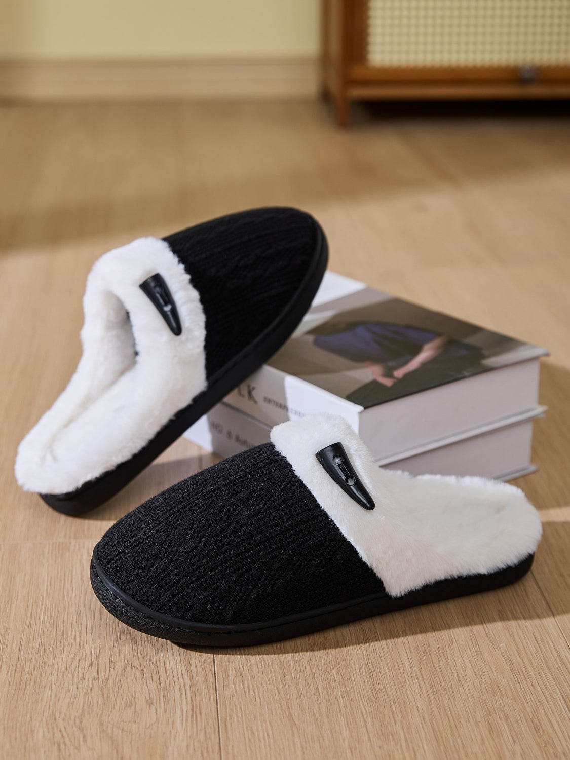 Horn Buckle Furry Texture Flat Slippers - Laazaar