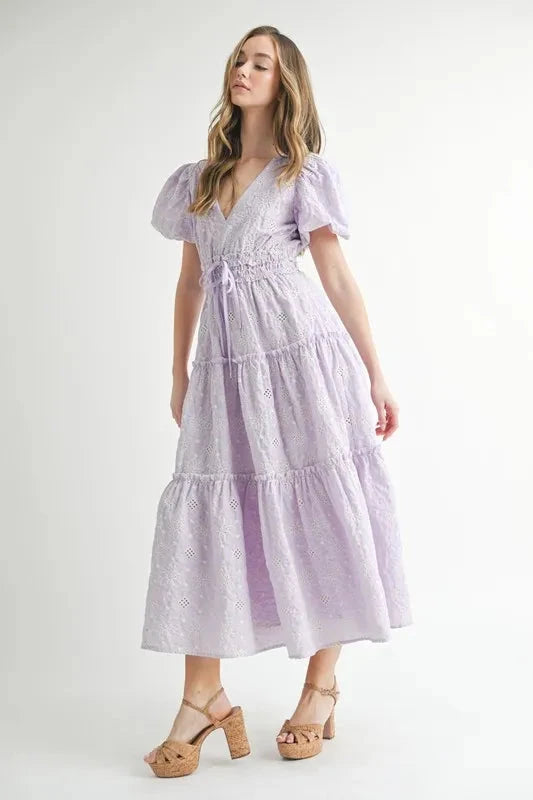 MABLE Eyelet Lace Puff Sleeve V Neck Midi Dress