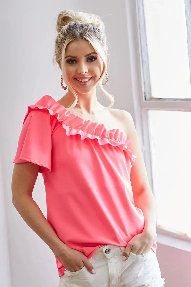 BiBi Ruffled Asymmetrical Crepe One Shoulder Top