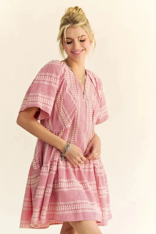 Davi & Dani Embroidered Stripe Ruffled Gingham Mini Dress