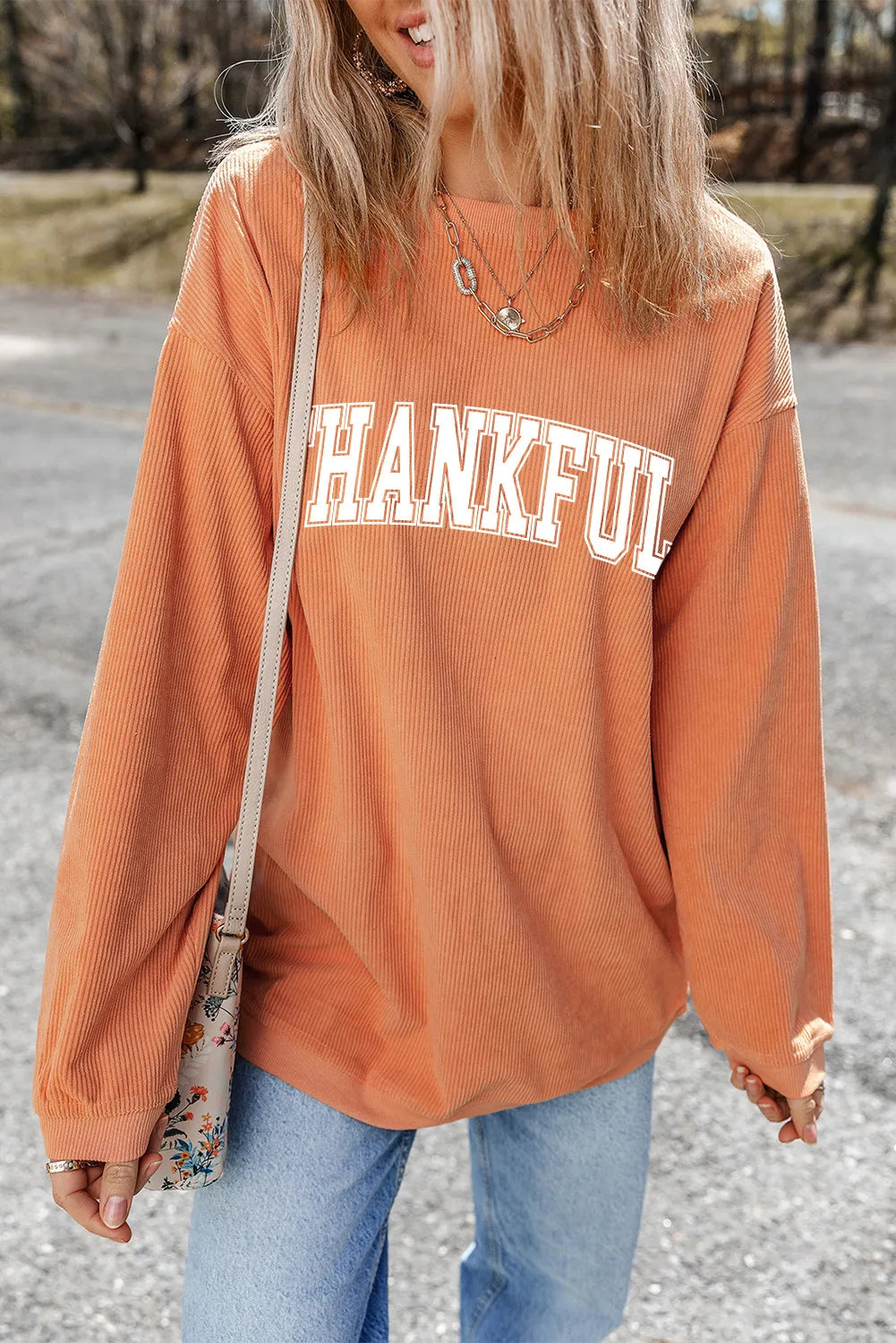 THANKFUL Round Neck Long Sleeve Sweatshirt - Laazaar