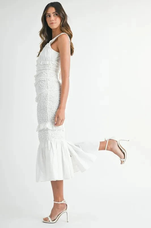 MABLE Ruffled Popcorn Smocked Mermaid Midi Dress