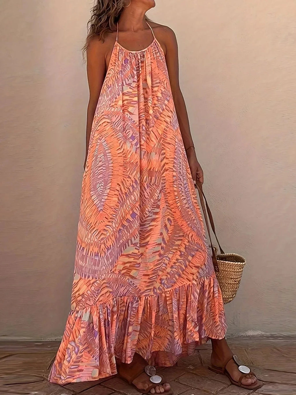 Backless Printed Halter Neck Maxi Cami Dress