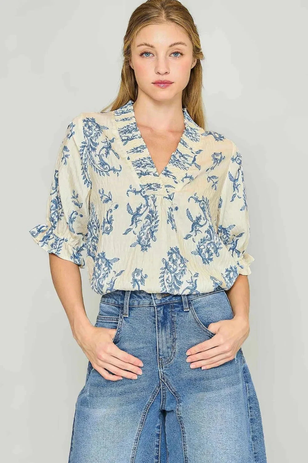 Umgee Ruffle Details Printed Half Sleeve Blouse
