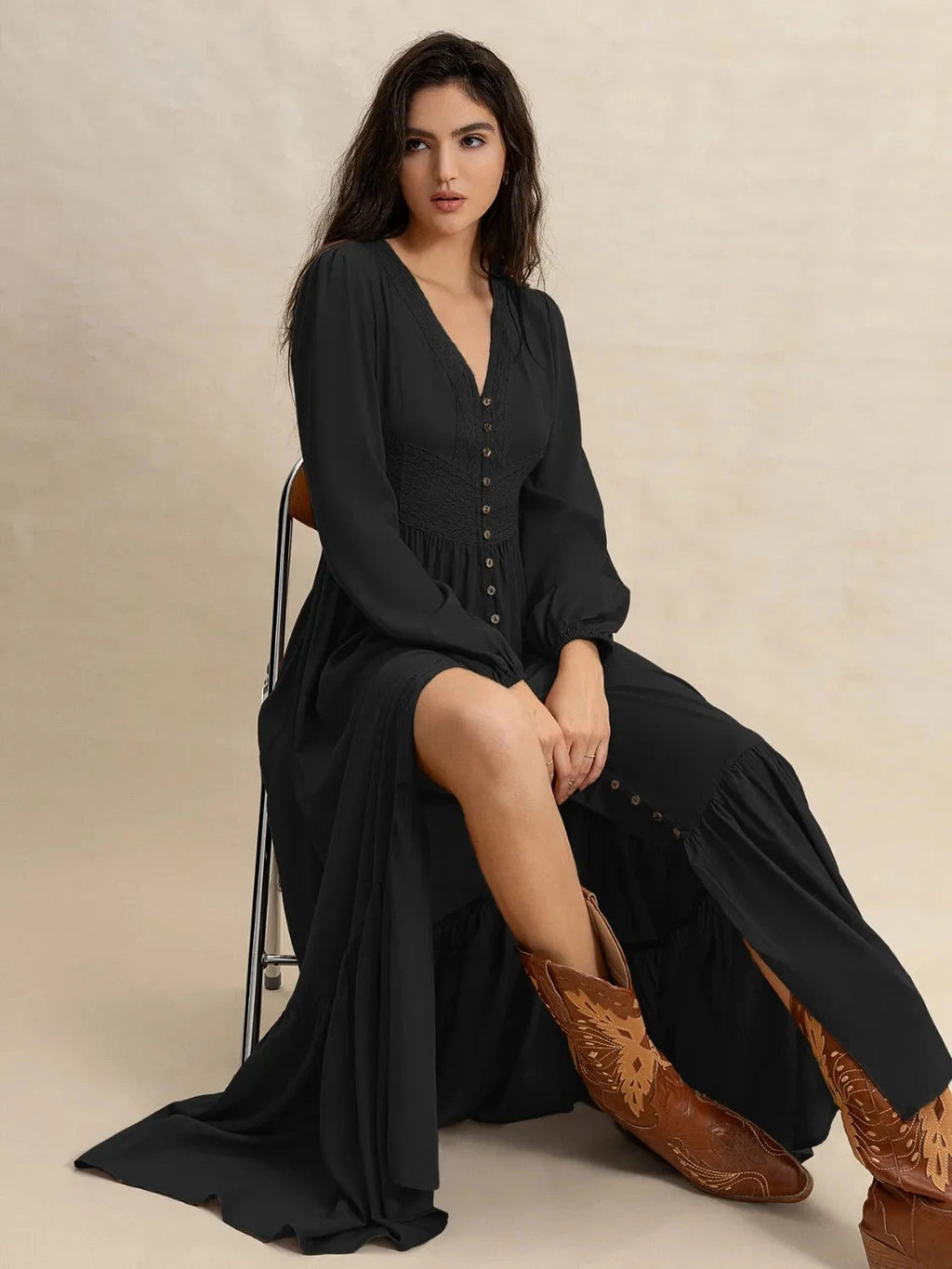 V-Neck Long Sleeve Dress