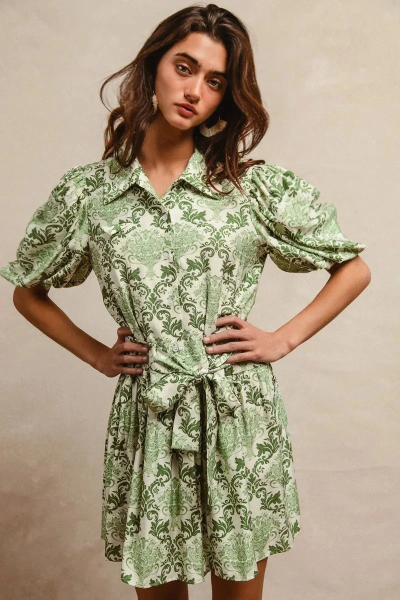 BiBi Tied Floral Short Sleeve Mini Shirt Dress