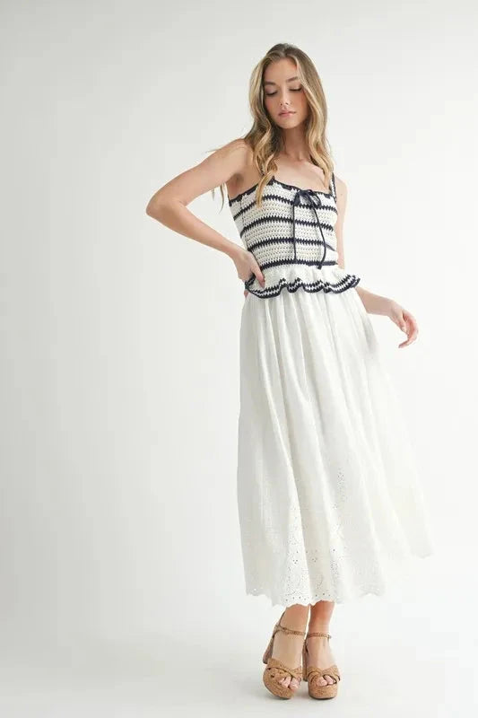 MABLE Crochet Stripe Knit Eyelet Mix Midi Dress