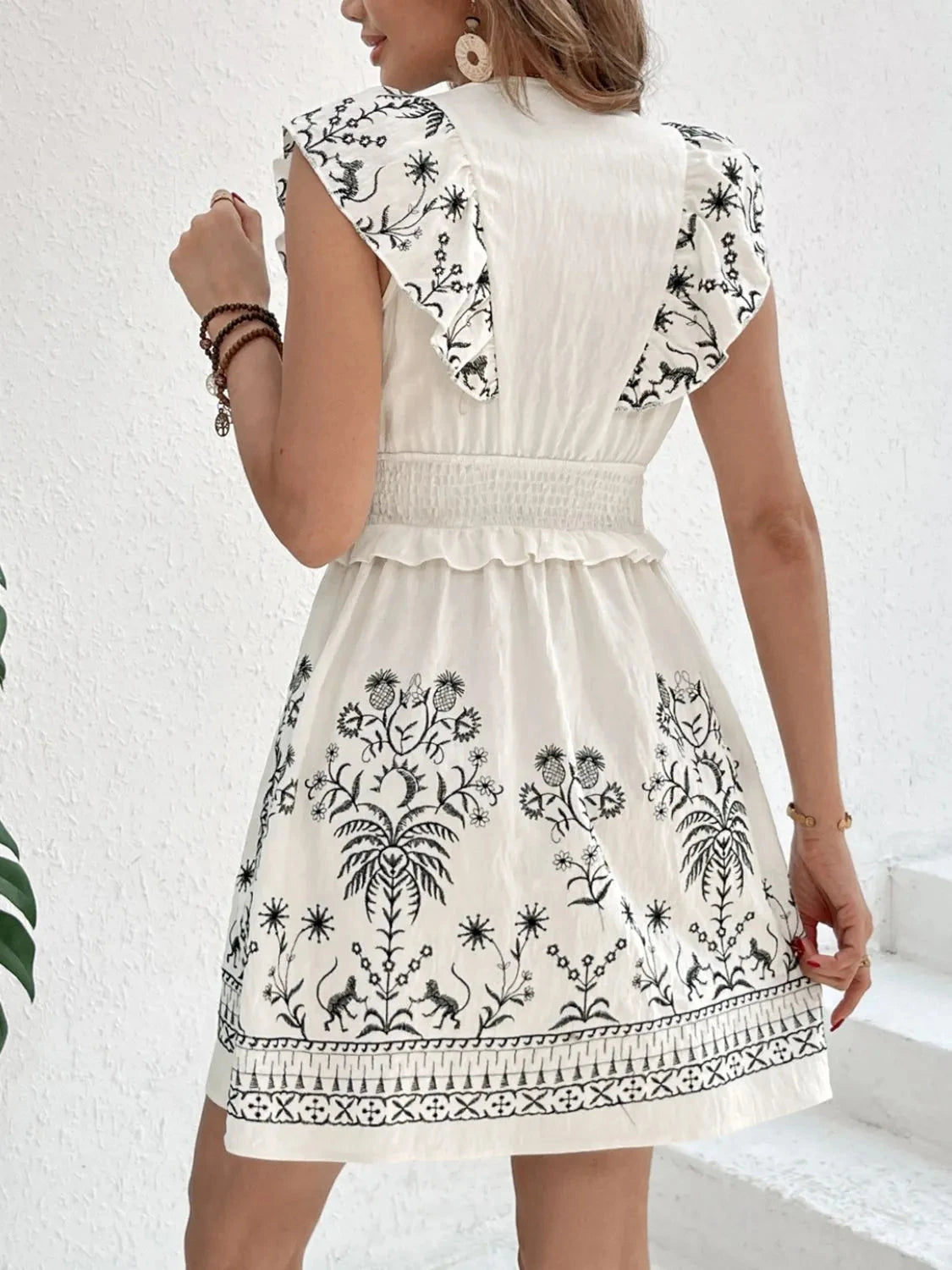 Smocked Ruffled Cap Sleeve Mini Dress