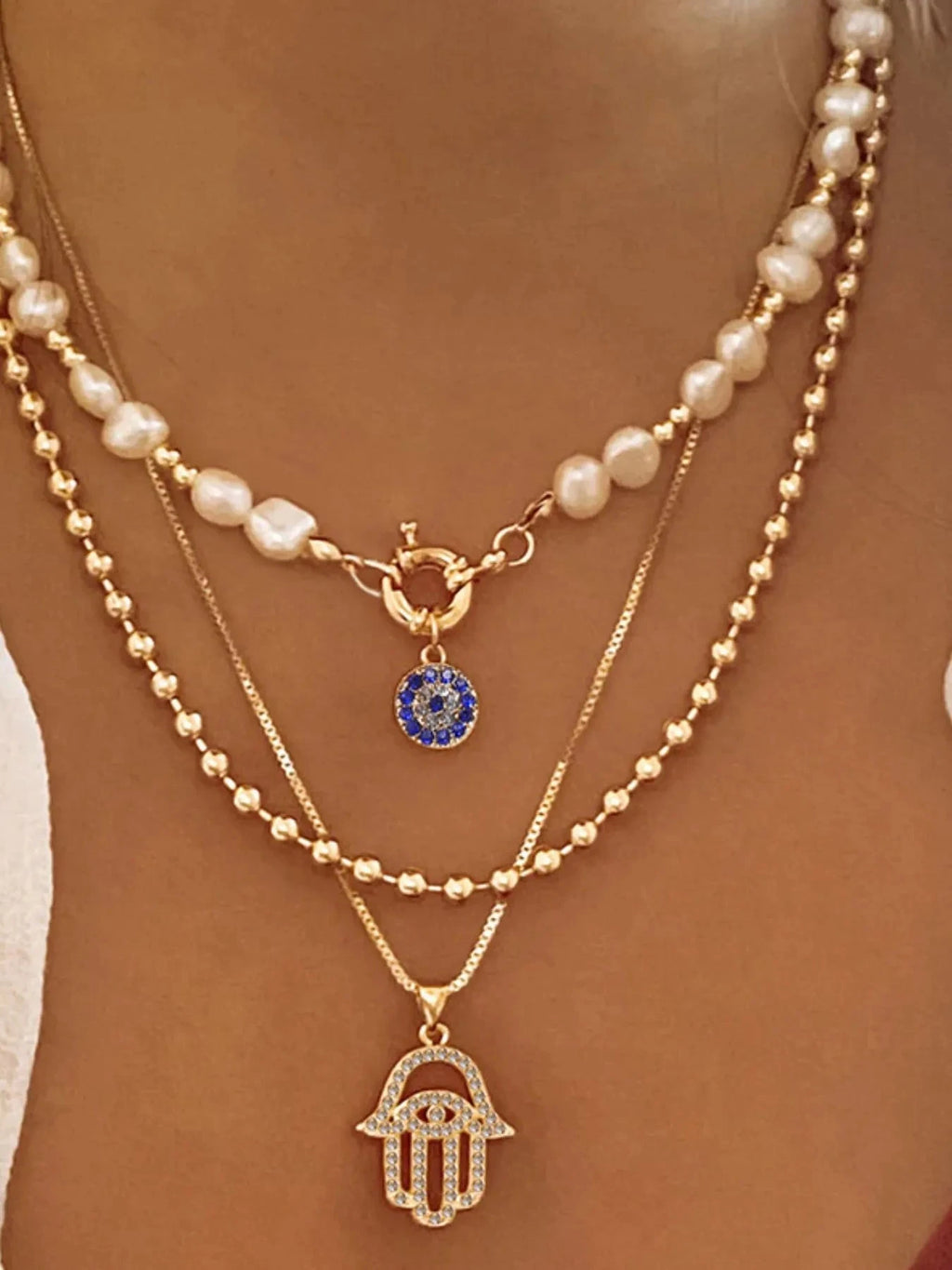 Layered Pearl Chain Evil Eye Hamsa Pendant Necklace