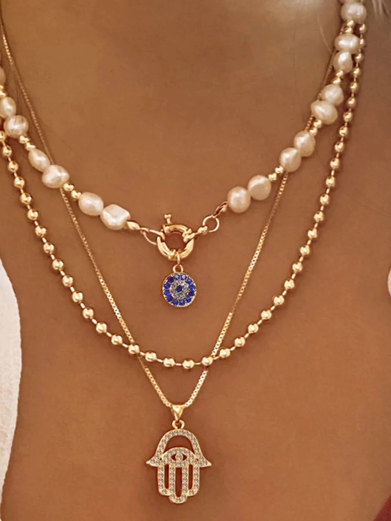 Layered Pearl Chain Evil Eye Hamsa Pendant Necklace