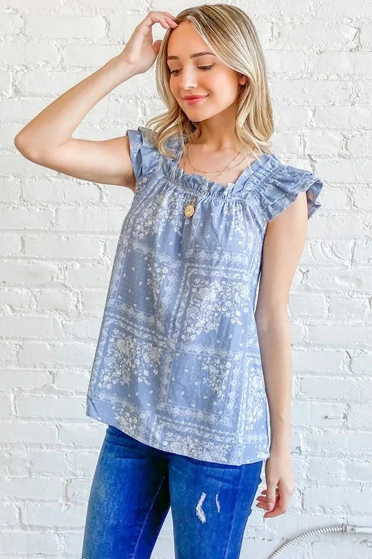 And The Why Boho Print Rayon Linen Ruffle Baby Doll Tank Top