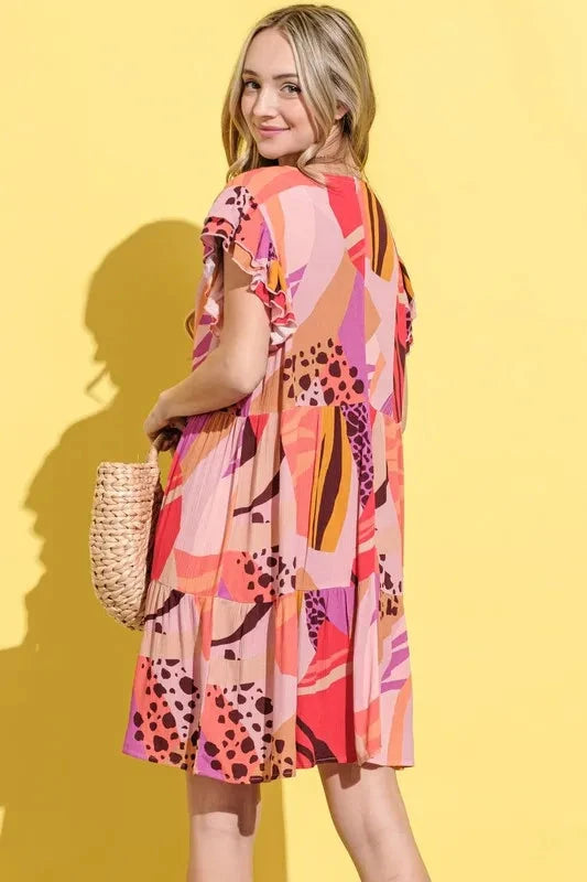 And The Why Printed Double Ruffles Sleeve Dress