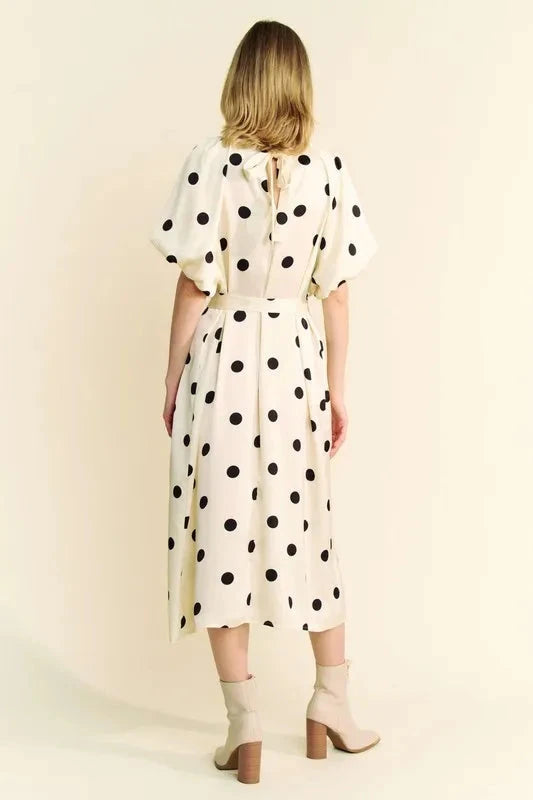 Davi & Dani Polka Dot Puff Sleeves Waist Tie Midi Dress