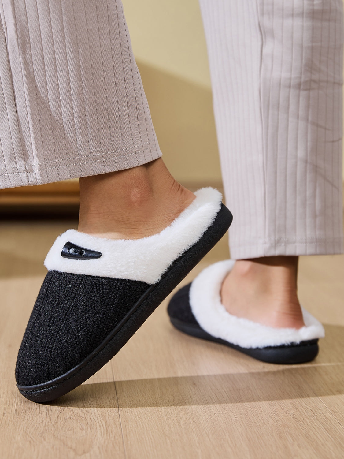 Horn Buckle Furry Texture Flat Slippers - Laazaar