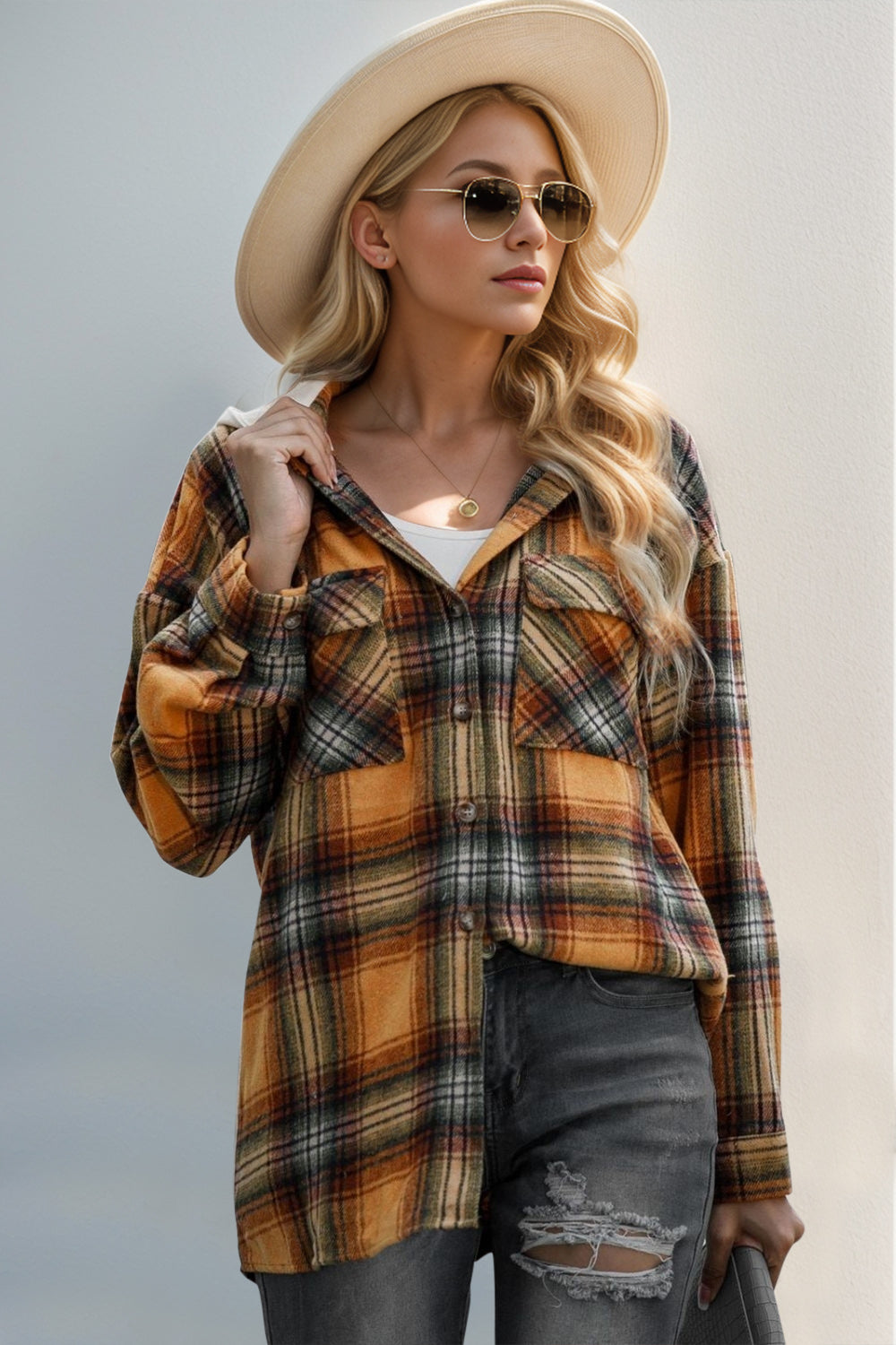 Double Take Drawstring Plaid Long Sleeve Hooded Shacket - Laazaar