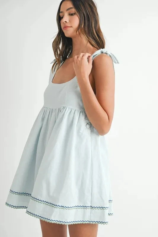 MABLE Zig Zag Embroidered Shoulder Tie Mini Dress