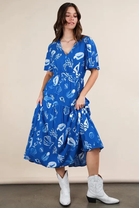 VERY J Printed V-Neck Resort Midi Dress
