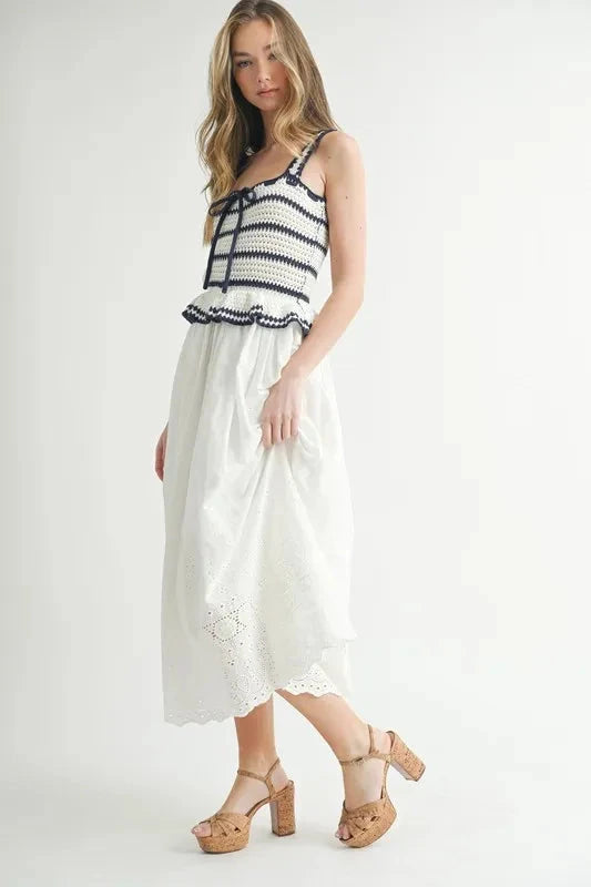 MABLE Crochet Stripe Knit Eyelet Mix Midi Dress