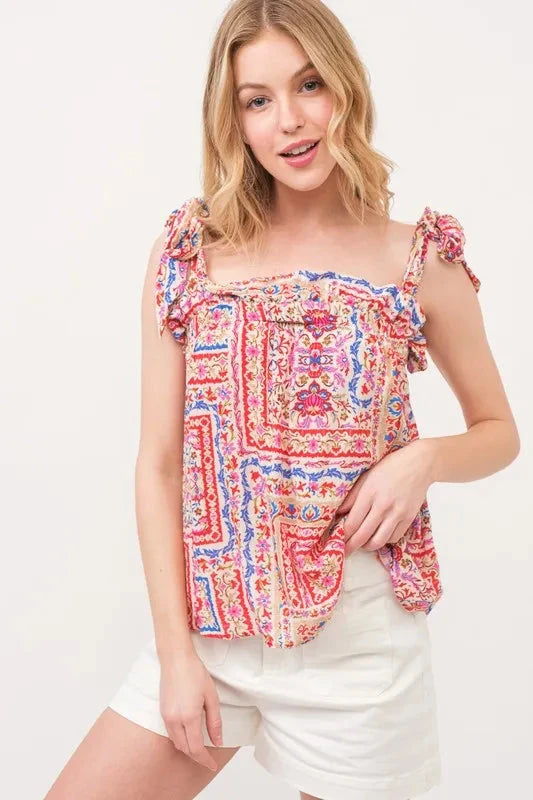And The Why Ruffled Neck Tied Strap Boho Printed Swing Top