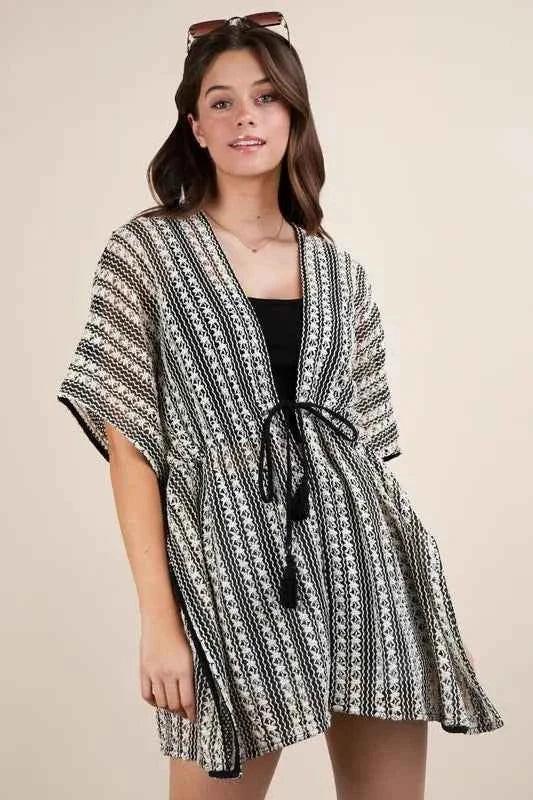 VERY J Full Size Striped Poncho Boho Cardigan Plus Size