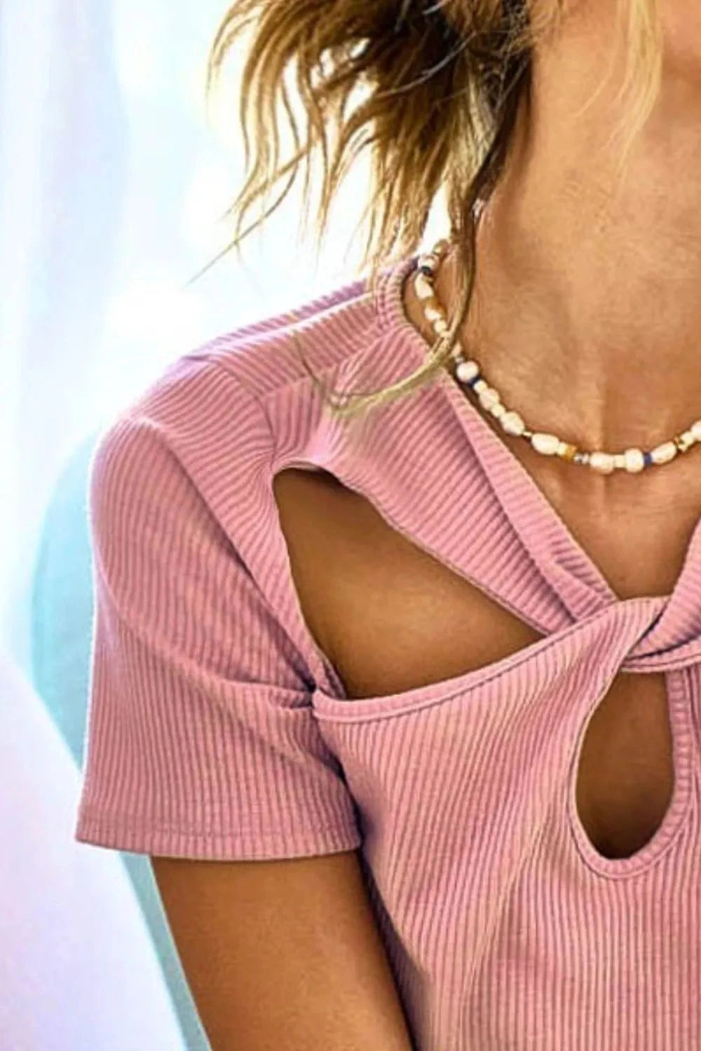 BiBi Rib Knit with Cut Out and Front Twist Detailed Top