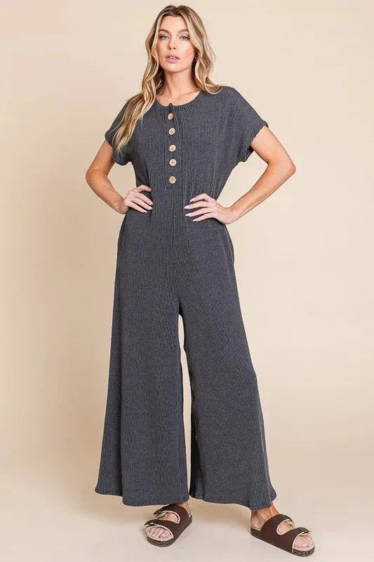 BOMBOM Rib Knit Jumpsuit with Button Detail
