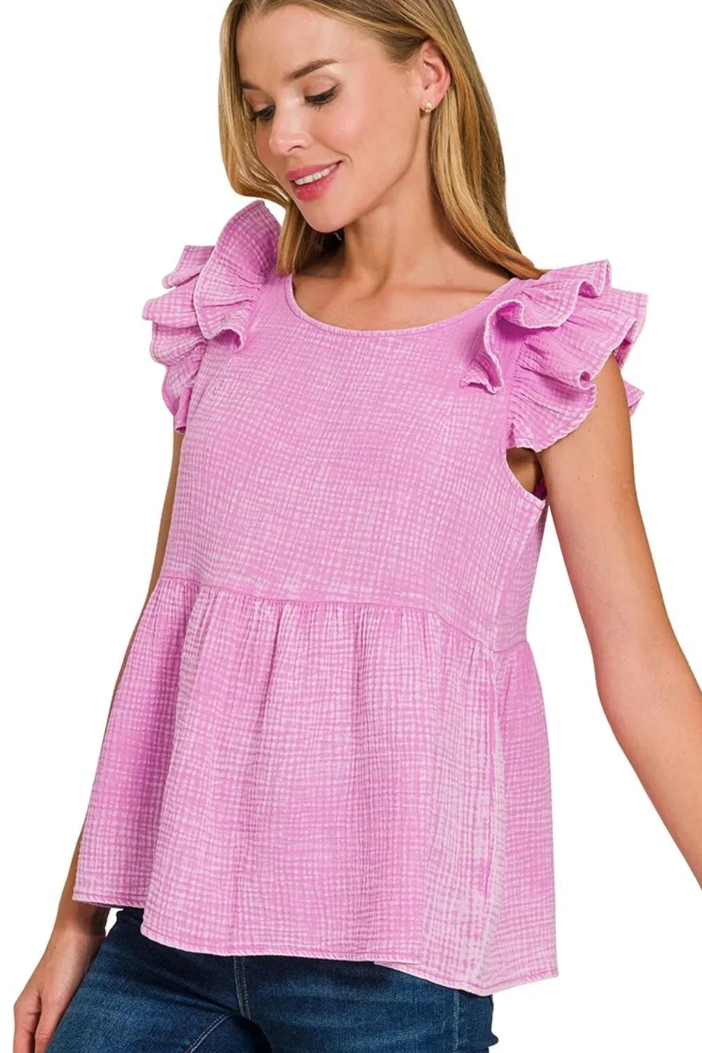 Zenana Double Gauze Acid Washed Tiered Ruffle Peplum Top