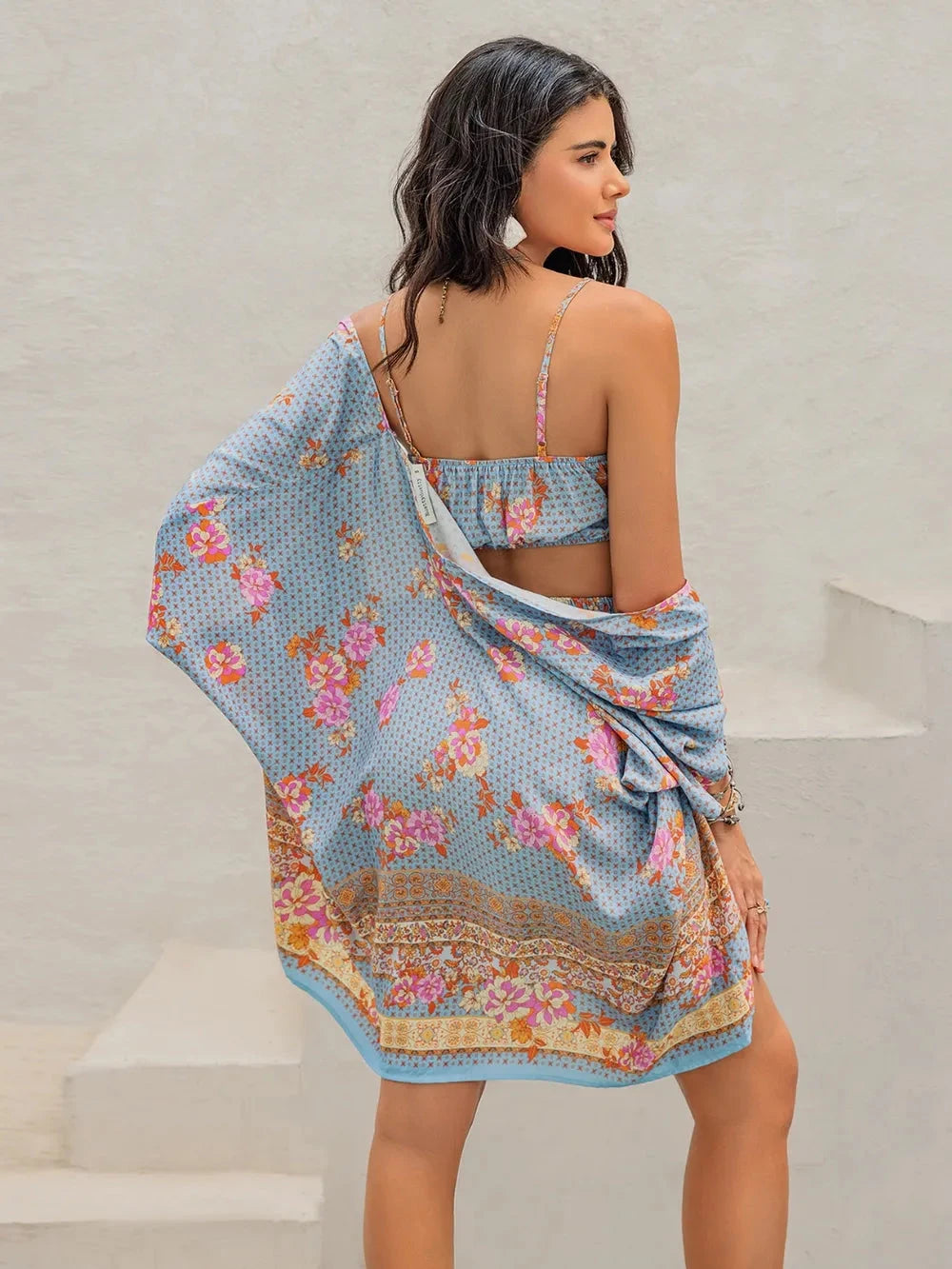 Printed Bra, Shorts and Cover Up Three-Piece Set