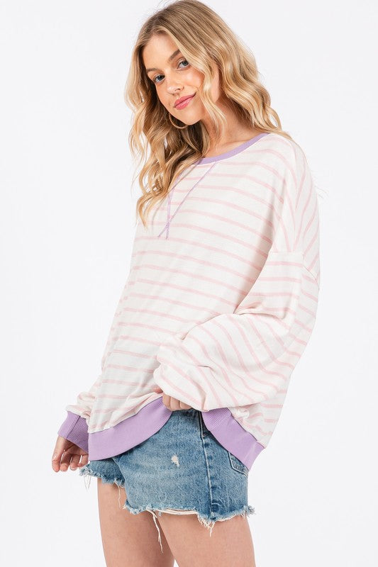 Ces Femme Striped Round Neck Drop Shoulder Sweatshirt - Laazaar