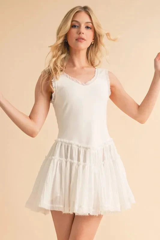 Aemi+Co Frill Sleeveless Drop Waist Mini Dress