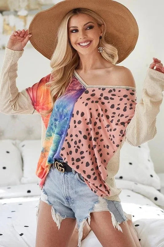 BiBi Print Block V Neck Top with Contrast Stitching