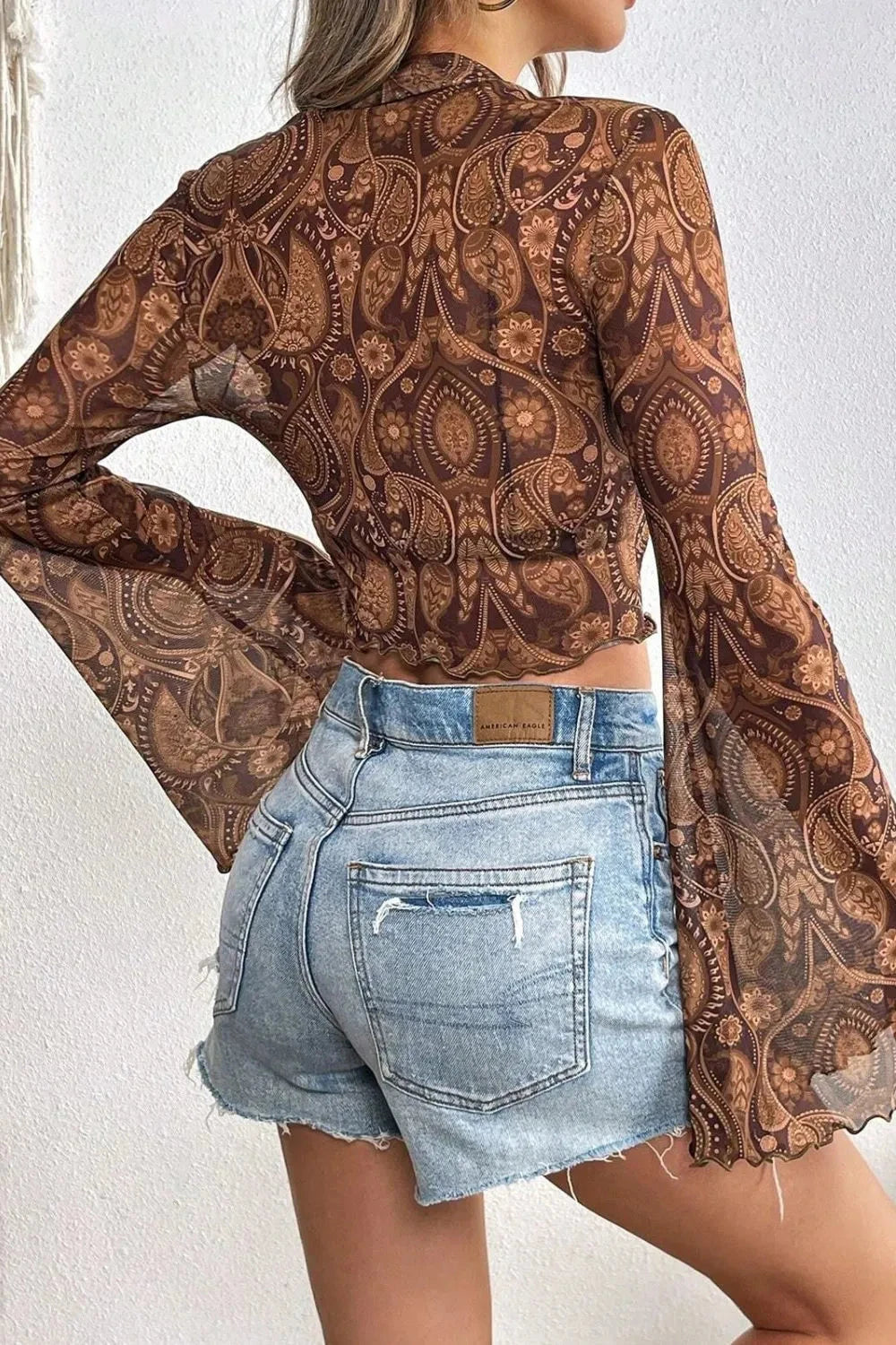 Printed Mock Neck Flare Sleeve Top