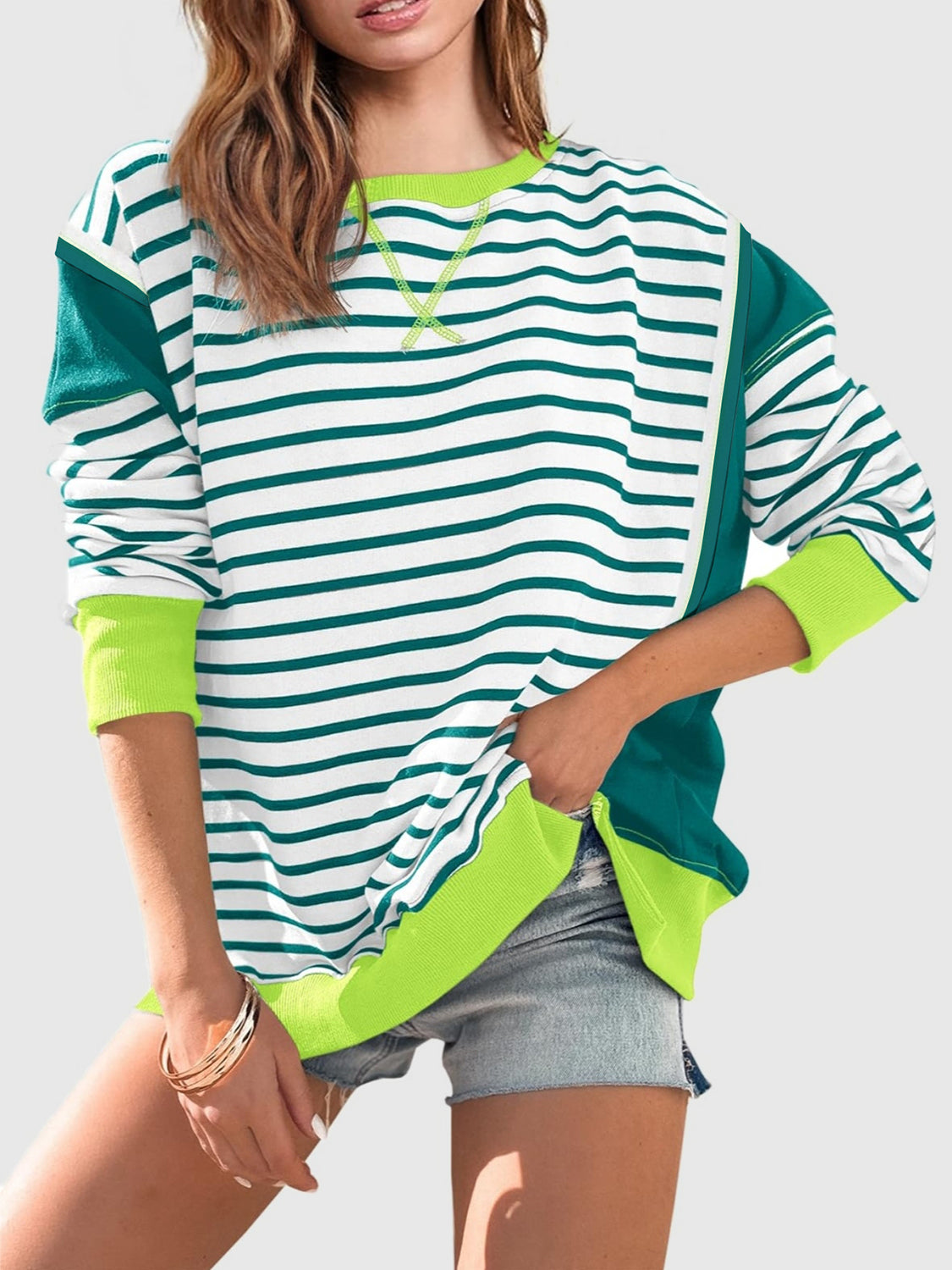 Slit Exposed Seam Striped Long Sleeve Sweatshirt - Laazaar