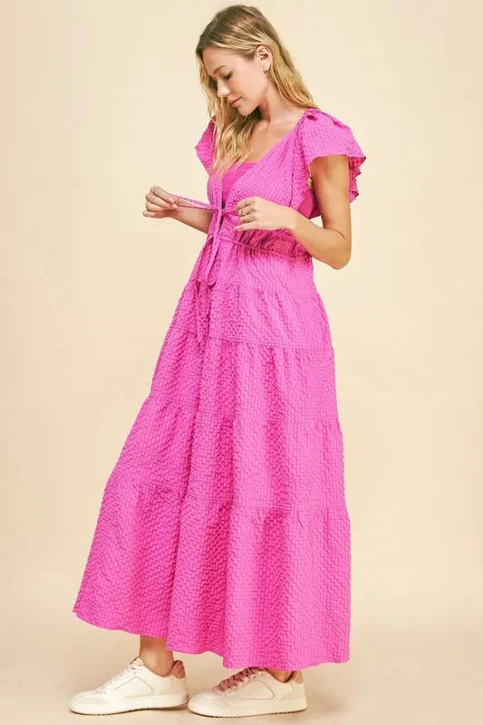 Davi & Dani Crinkled Texture Flutter Cap Sleeve Midi Dress