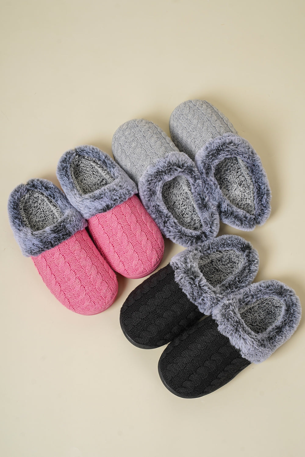 Cable-Knit Fluff Round Toe Slippers - Laazaar