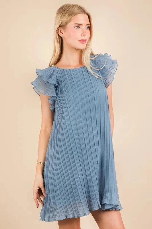 VERY J Plus Size Ruffle Sleeve Pleated Woven Mini Dress