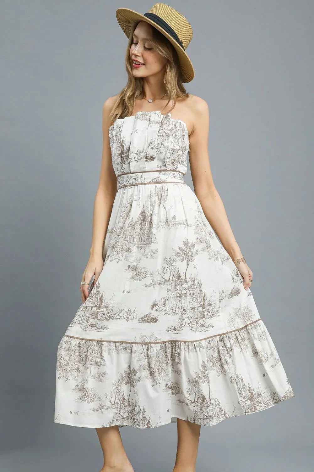 Umgee Printed Tiered Tube Midi Dress