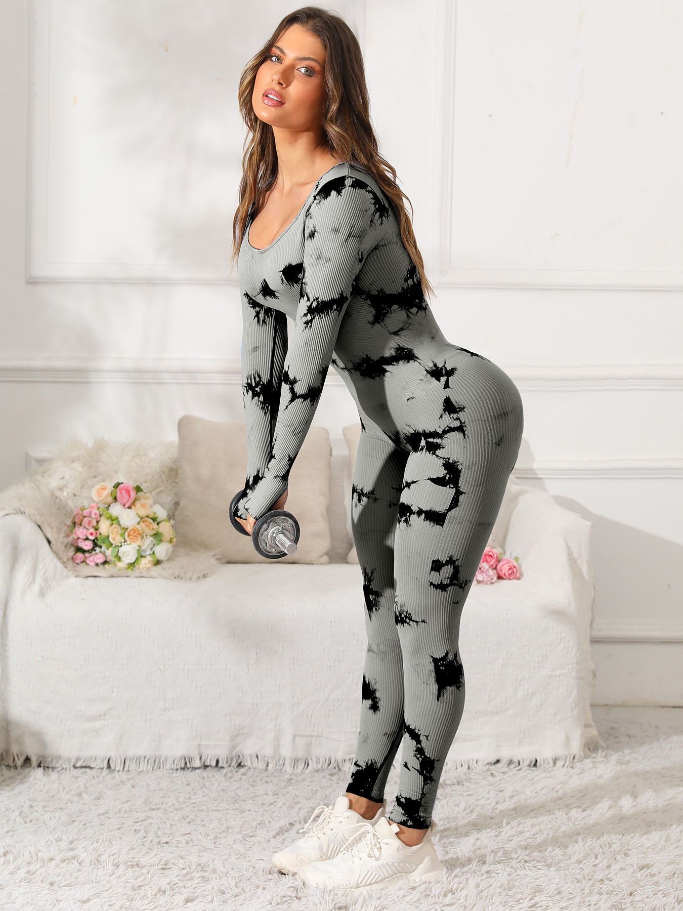 Scoop Neck Long Sleeve Active Jumpsuit - Laazaar