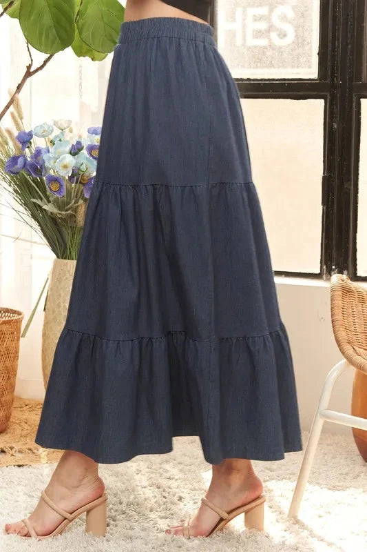 ADORA Waist Band Tiered Denim Maxi Skirt