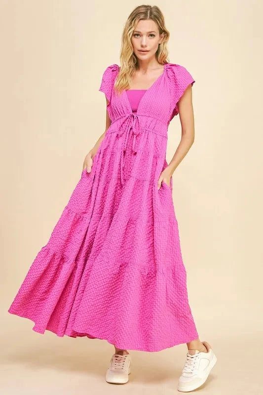 Davi & Dani Crinkled Texture Flutter Cap Sleeve Midi Dress