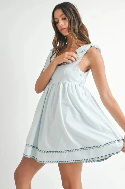 MABLE Zig Zag Embroidered Shoulder Tie Mini Dress