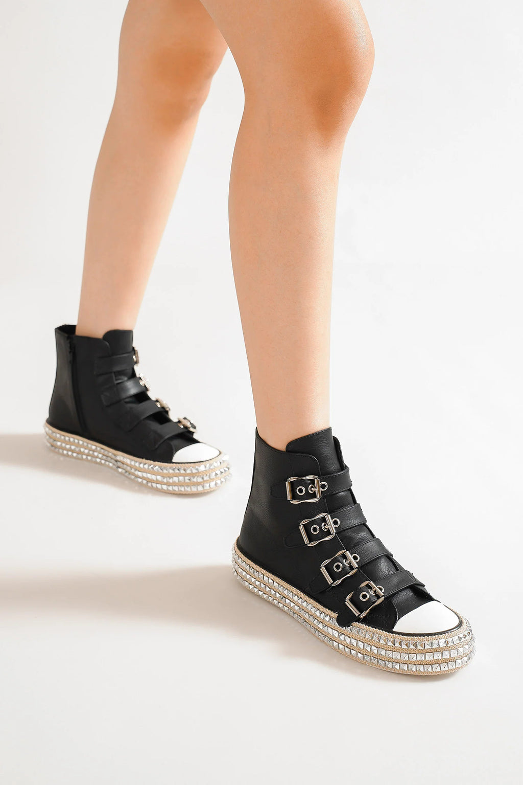 Beast Fashion Multi-Buckle Straps Studded Platform Sneakers - Laazaar
