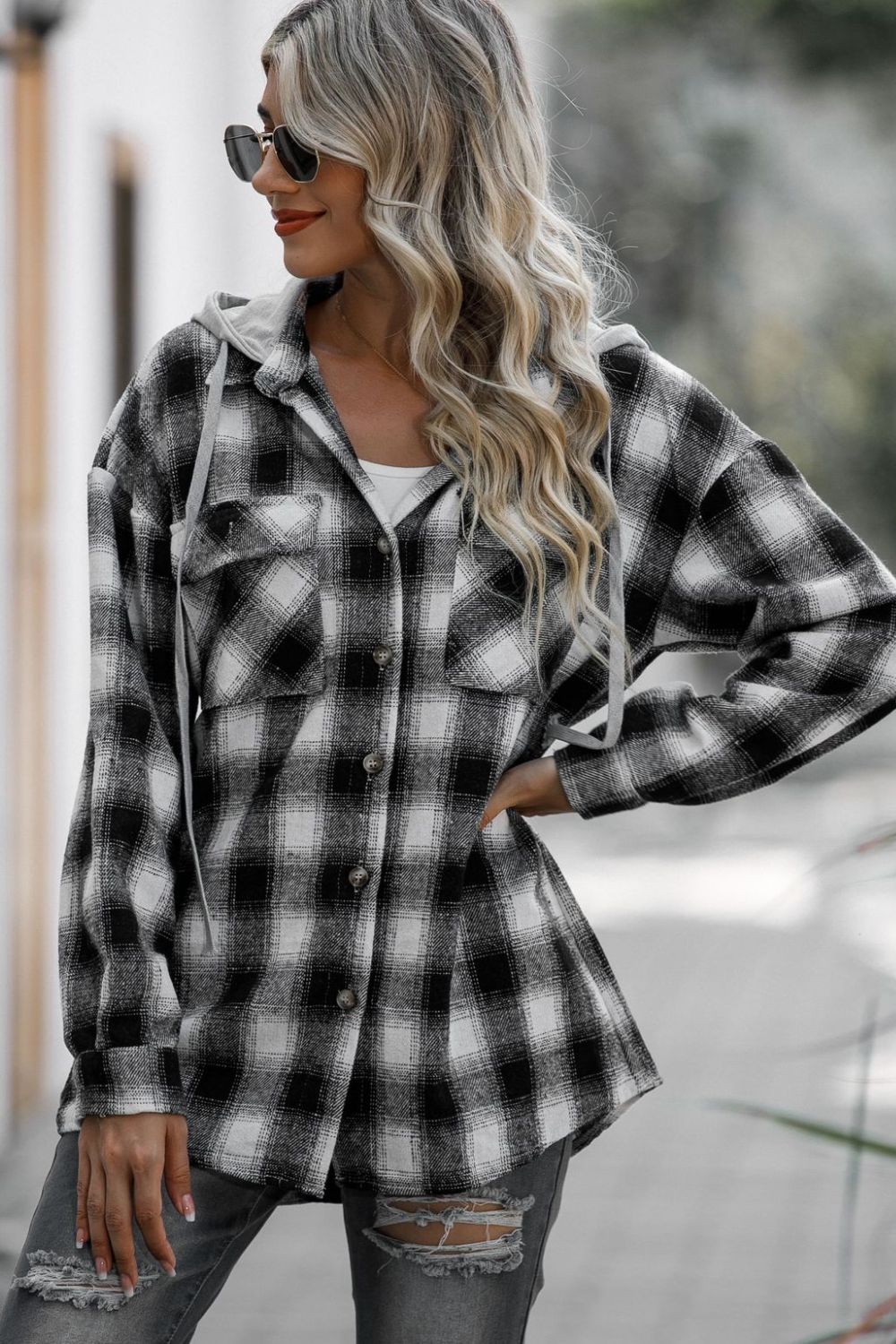 Double Take Drawstring Plaid Long Sleeve Hooded Shacket - Laazaar