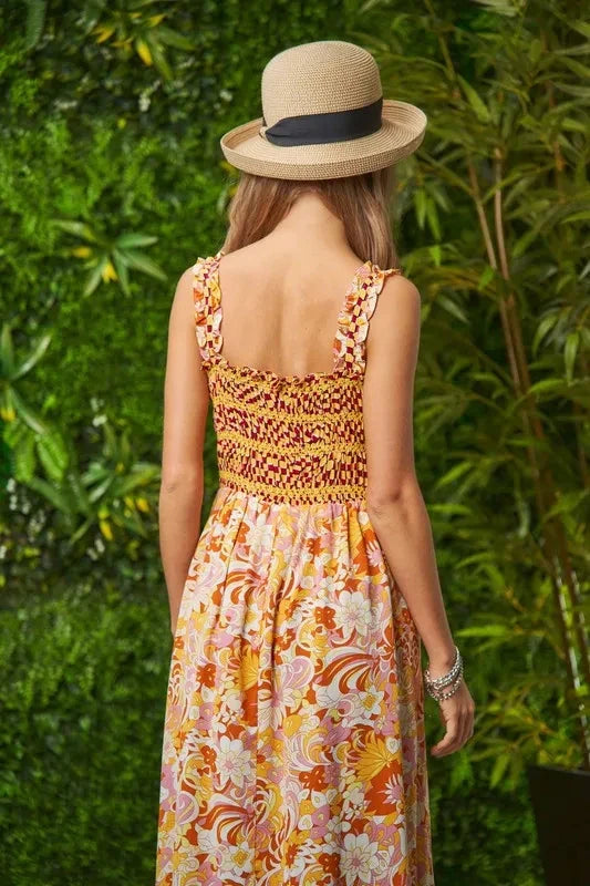 Davi & Dani Multi Smocked Bodice Geo Ruffle Strappy Midi Dress