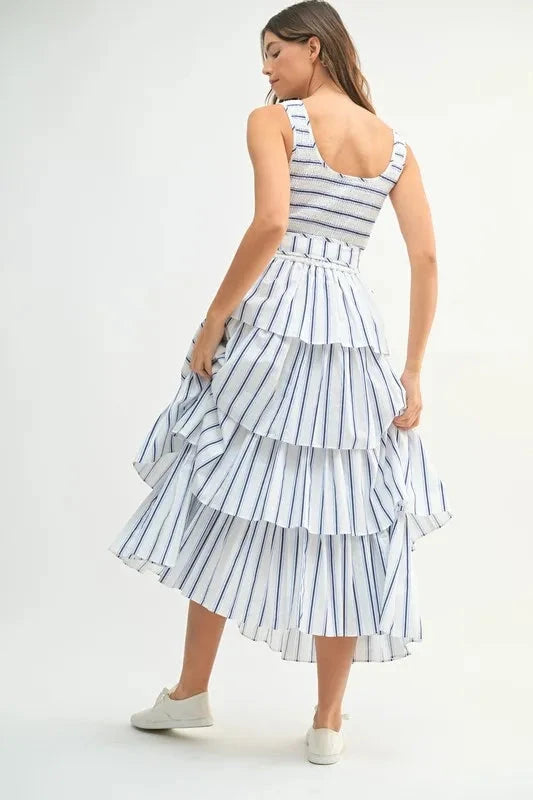 MABLE Pin Stripe Smocked Bodice Layered Midi Dress