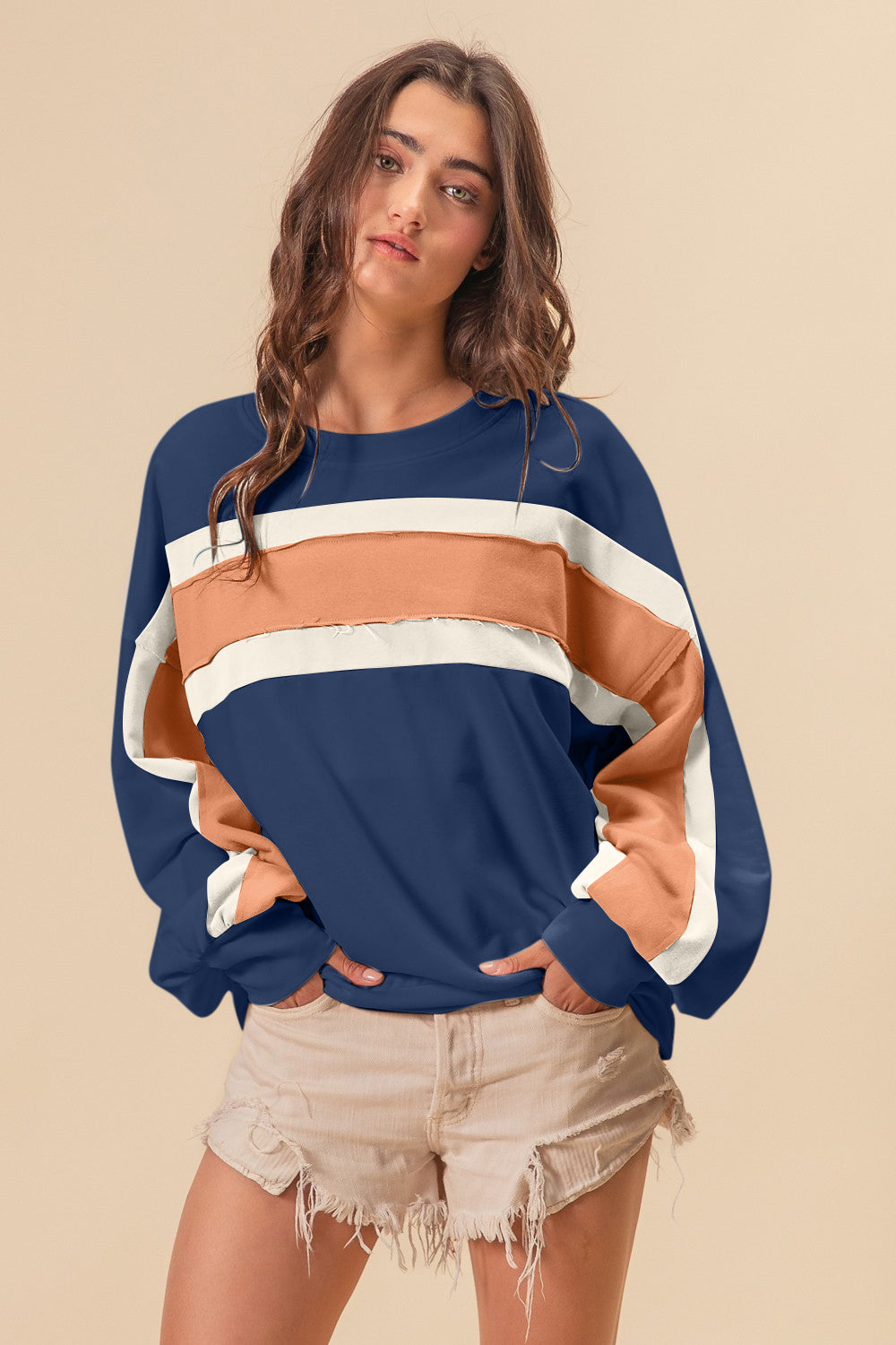 BiBi French Terry Color Block Cut Edge Detail Sweatshirt - Laazaar