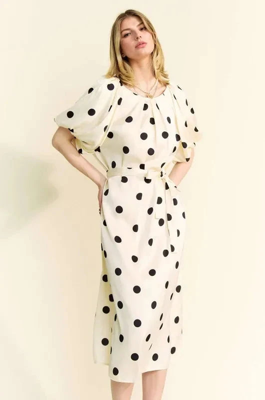 Davi & Dani Polka Dot Puff Sleeves Waist Tie Midi Dress