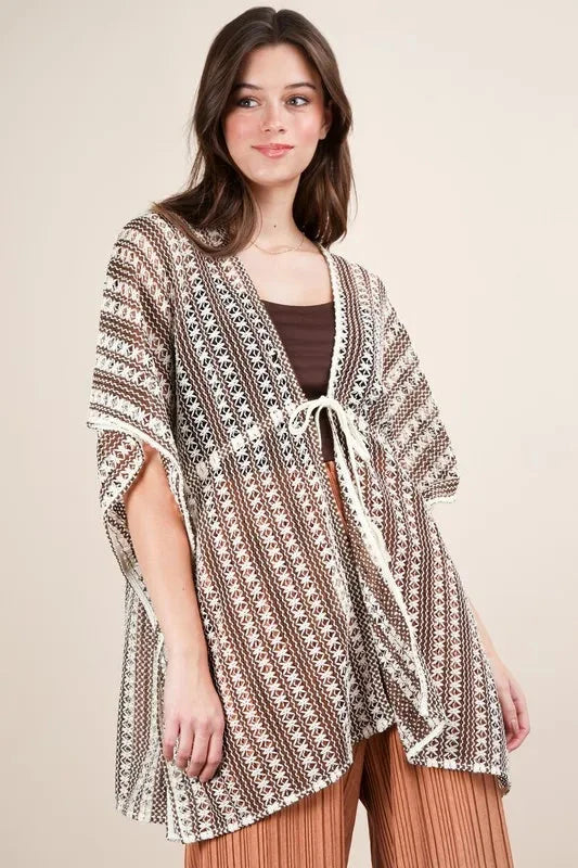 VERY J Full Size Striped Poncho Boho Cardigan Plus Size